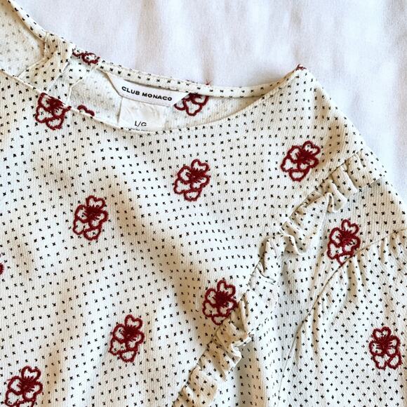 CLUB MONACO Peasant Blouse Size L Floral Embroidered Cream Crew Neck Ruffle - Picture 3 of 5
